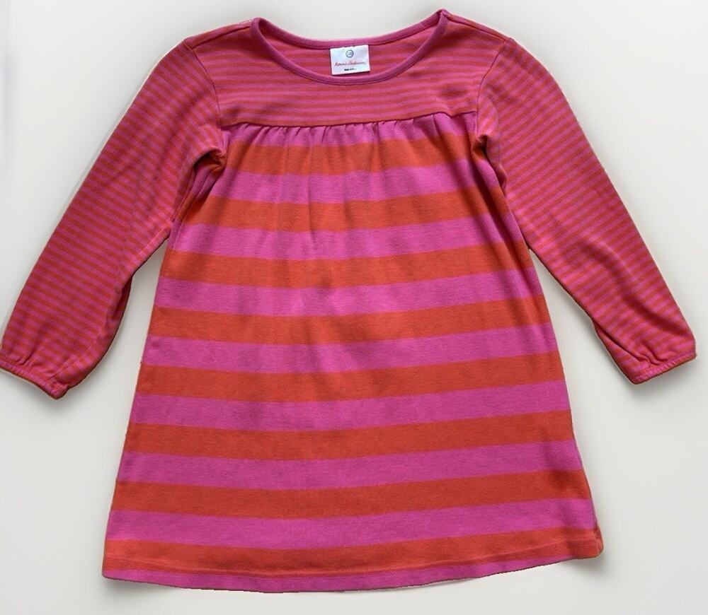 Hanna Andersson Girls Dress Sz 110 US 5 Pink Orange Striped Long Sleeve Play